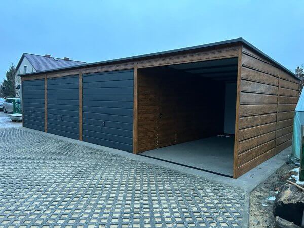 Garaż blaszany 12m x 6m złoty dąb + wiata panelowa