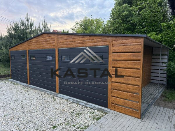 Garaż blaszany 10m x 6m 3 stanowiskowy złoty dąb + czarny mat z wiatą